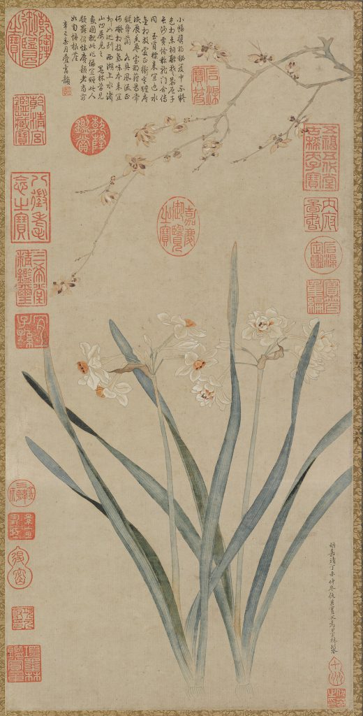 明.仇英.水仙腊梅图.立轴.纸本.设色.纵93.5x横47厘米.1574.台北故宫博物院.gq